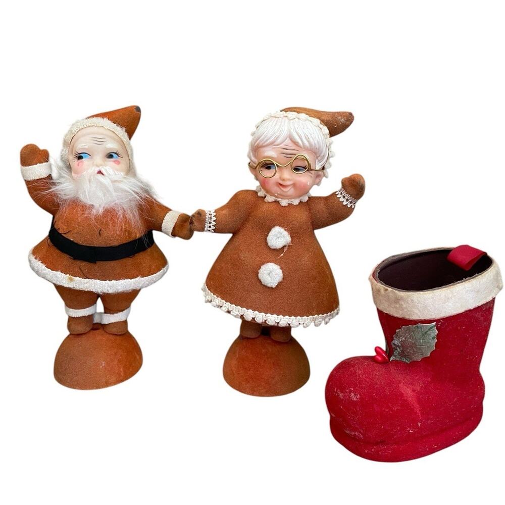 Vintage Flocked Christmas Santa Mrs. Claus Boot Planter Mid Century Modern LOT 3